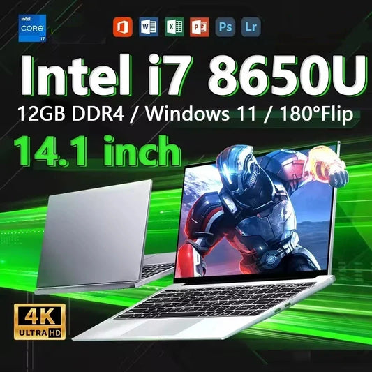 2026 14.1"Laptop Intel Core i7 8650U Portable Laptops Windows 11 Computer 4K HD 16GB 32GB RAM 1TB 2TB SSD Notebook Office