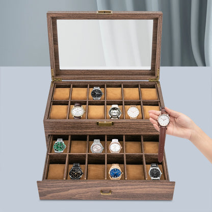 24-Compartment 2-Tier Watch Display Box with Glass Window - Rustic Brown PU & Wood, Removable Pillows, Tabletop Jewelry Organizer