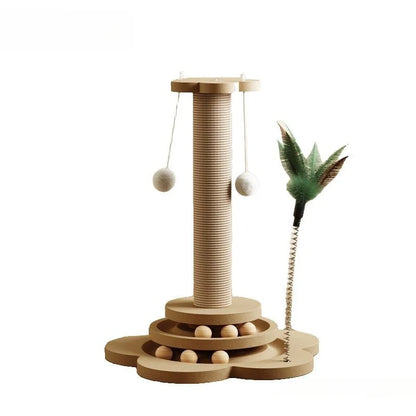 Solid Wood Cat Turntable Toy with Sisal Scratching Board and Rolling Ball - Interactive Cat Scratcher Column