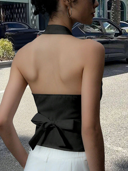 Women’s Black Halter Neck Button Cropped Vest Top – Sleeveless V-Neck Slim Fit Back-Tie Tank, Sizes S–XXL
