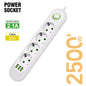 2500W EU Power Strip — 5-Outlet Extension Cord with 3 USB Ports, 2.0m (6.6ft) Cable, Overload Protection