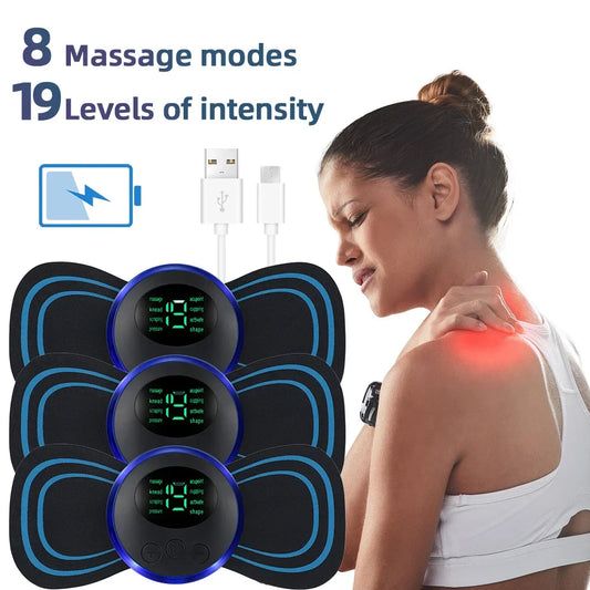 Portable EMS Neck & Body Muscle Stimulator – Low-Frequency TENS Pain Relief Massager with Gel Patches