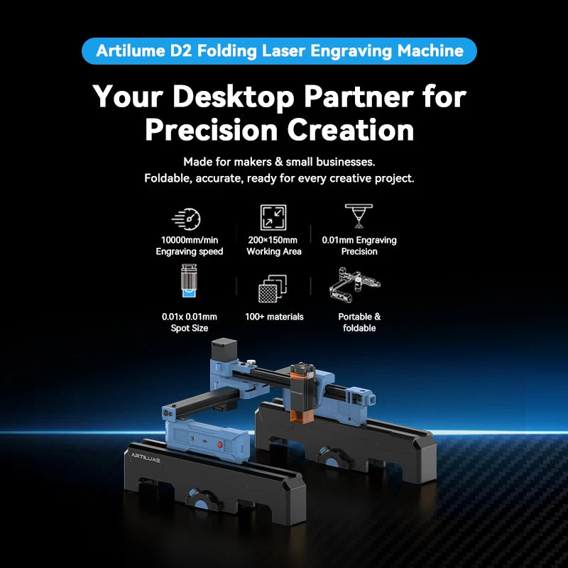 Artilume D2 Mini Laser Engraver - Foldable, 200x150mm, 0.01mm Accuracy, LightBurn GRBL App, Wood Leather Metal, 2.5W/6W