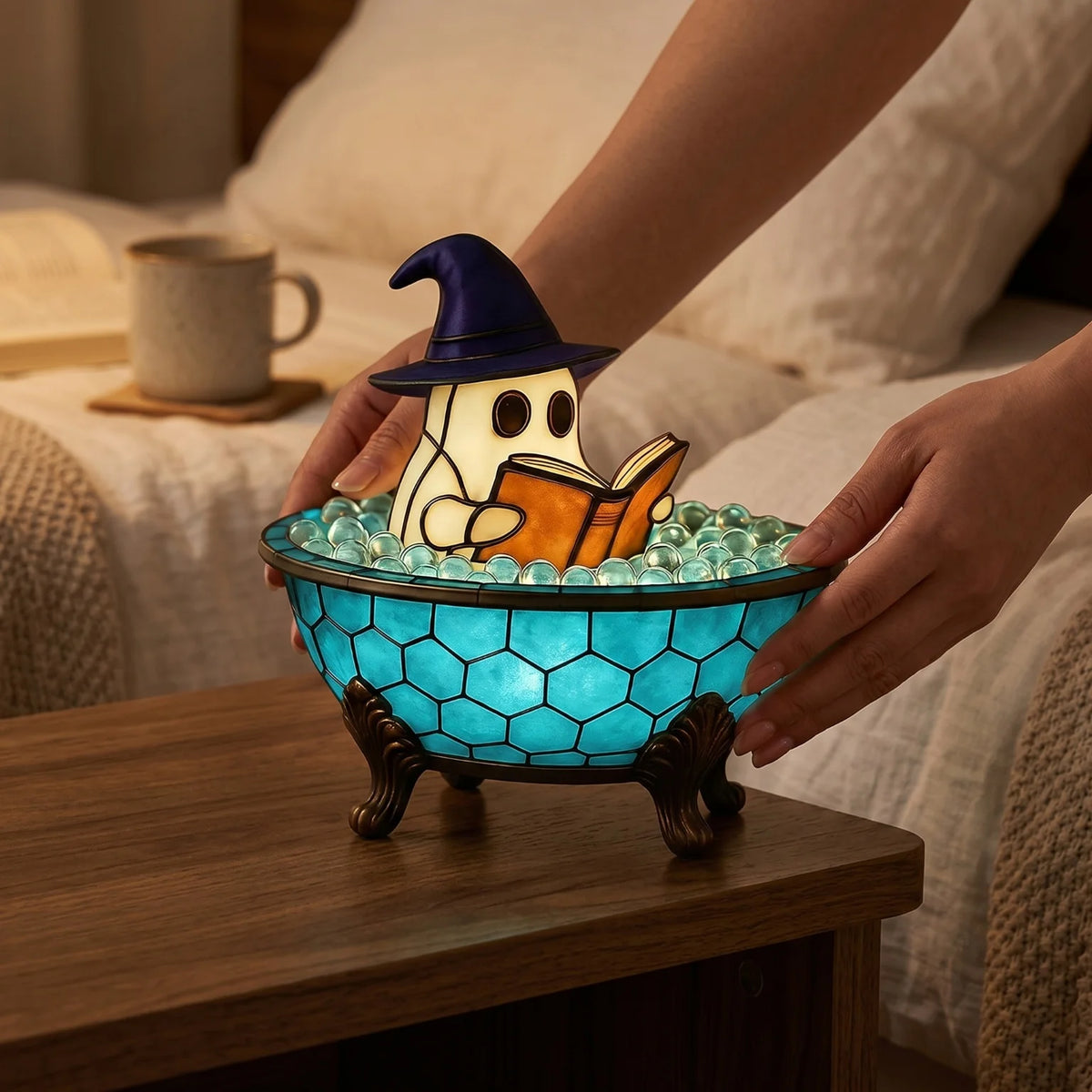 Ghost Bathtub Reading Night Light - Stained Glass & Resin Rechargeable Ambient Lamp with Iron Tripod Base, Halloween & Home Decor