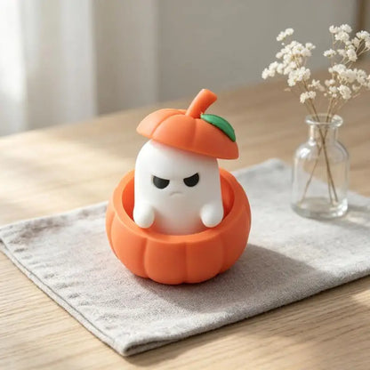 3D Printed Grumpy Ghost in Pumpkin Figurine – Eco-Friendly PLA Halloween Desktop Ornament for Home, Office & Festival Decor