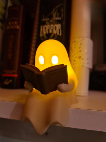 Reading Ghost Halloween Shelf Decor with Flickering Light