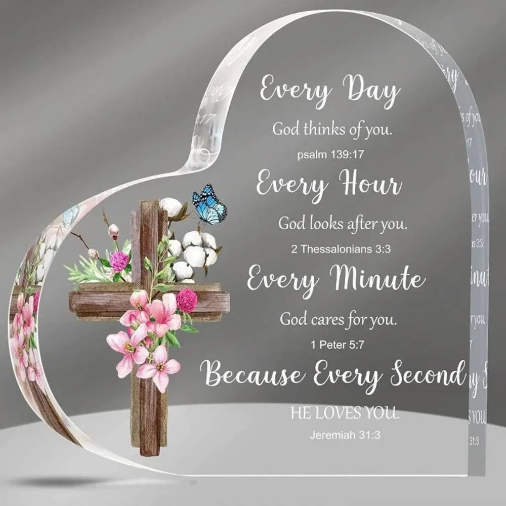 Heart-Shaped Bible Verse Acrylic Decor – Boho Cross & Floral Design, Desk & Home Decor, Gift for Mom