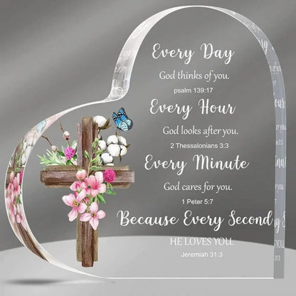 Heart-Shaped Bible Verse Acrylic Decor – Boho Cross & Floral Design, Desk & Home Decor, Gift for Mom