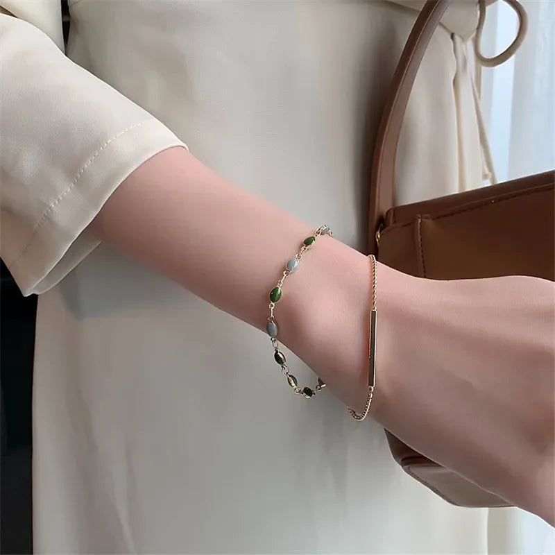 Double Layered Crystal Charm Bracelet for Women – Adjustable Beaded Gold Copper Alloy Jewelry Gift