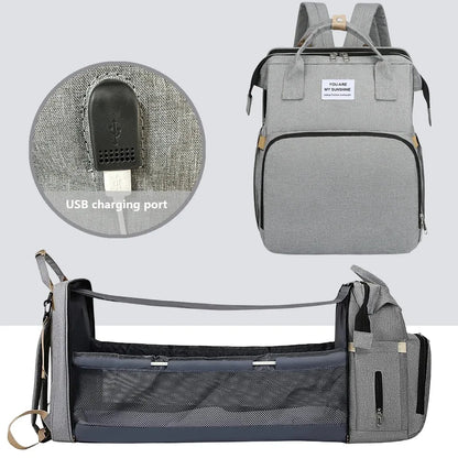 Foldable Diaper Bag with Portable Folding Crib Bed Lightweight Large-Capacity Baby Backpack