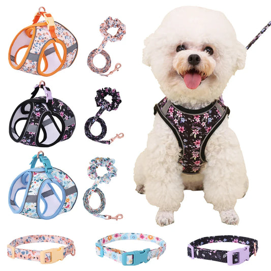 Adjustable Soft Vest Harness & Leash Set for Small & Medium Dogs & Cats – Reflective Printed Puppy Harness with Wrist Leash and Collar
