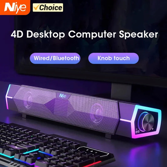 Bluetooth 5.3 USB Soundbar Computer Speakers for Laptop & PC — Stereo Surround, Subwoofer, RGB Lights, Built-In Microphone