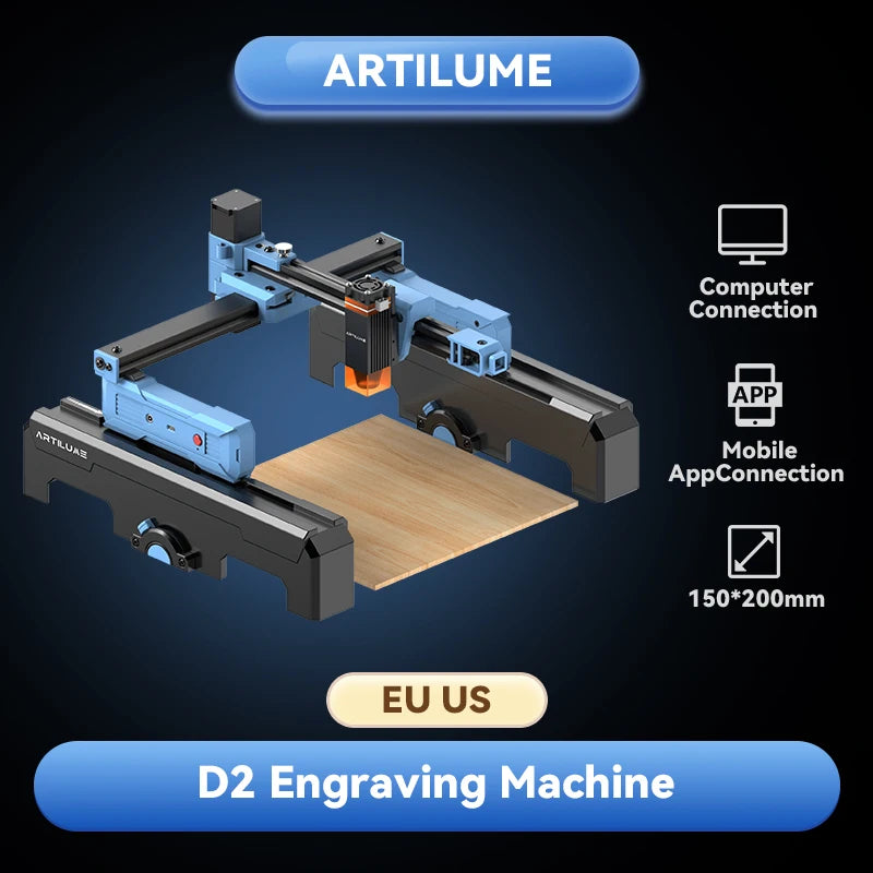 Artilume D2 Mini Laser Engraver - Foldable, 200x150mm, 0.01mm Accuracy, LightBurn GRBL App, Wood Leather Metal, 2.5W/6W