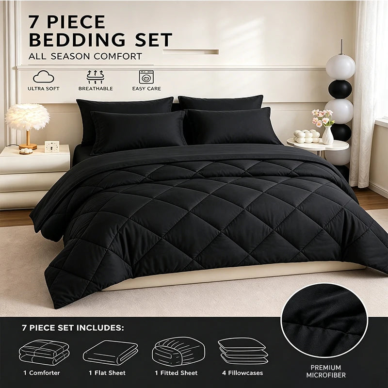 easYum Brushed Polyester Bedding Set - 7-Piece Quilted Comforter Set with Duvet Covers, Bed Sheet & Pillowcases, Twin/Full/Queen/King