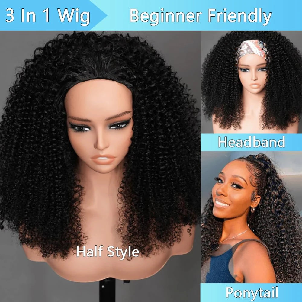 Nvnvdij Curly Human Hair Half Wig – 3-in-1 Headband Wig, 180/200 Density, 16–32 Inches, No Leave Out