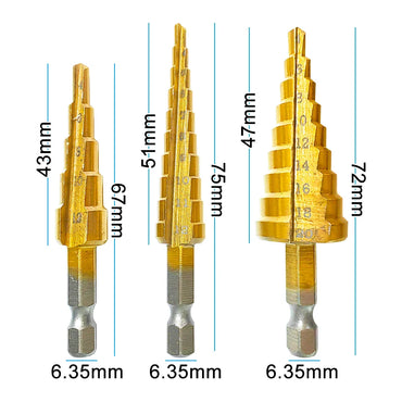 Ti-Plated Hex-Shank Step Drill Bit Set — 3–12mm (0.12–0.47in), 4–12mm (0.16–0.47in), 4–20mm (0.16–0.79in) — 3-Piece