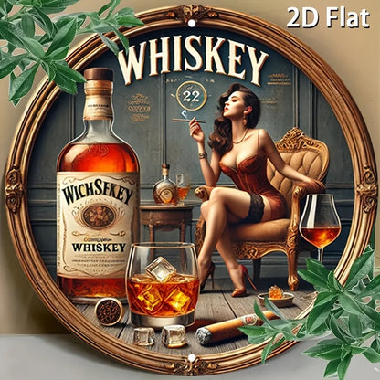 1pc Vintage Whiskey-Themed Round Metal Sign - Female Whiskey Lady & James Bond-Inspired Logo Design, Scotch & Bourbon Art