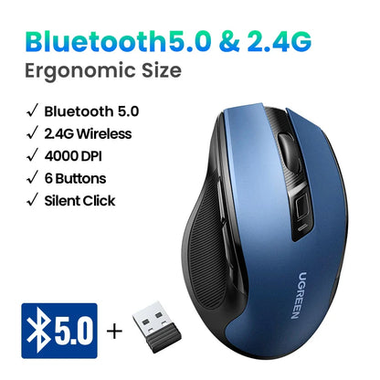 Wireless Bluetooth 5.0 Mouse — Ergonomic Silent 4000 DPI Dual Mode (2.4GHz) 6-Button for Laptop, MacBook, Tablet, PC