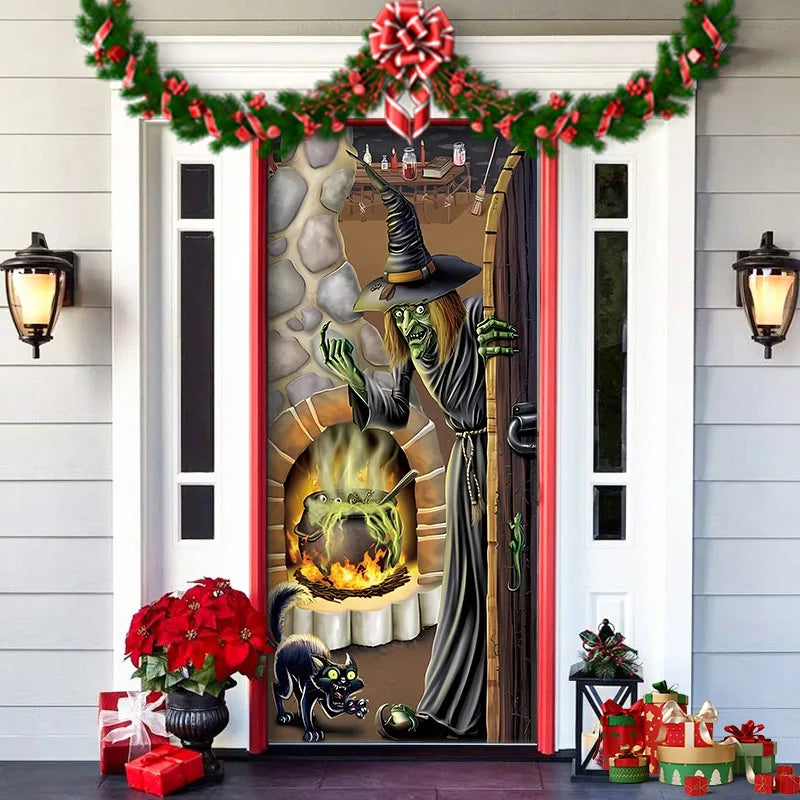 Printed Door Curtain Hanging Decoration – Halloween Ghost & Pumpkin, Christmas Reindeer – Polyester Party Entrance Ornament, 91×203cm, 4 Designs