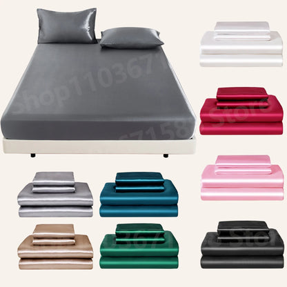 Satin Fitted Sheet Set 3-Piece (1 Fitted Sheet + 2 Pillowcases) Soft Breathable Solid Color Bedding