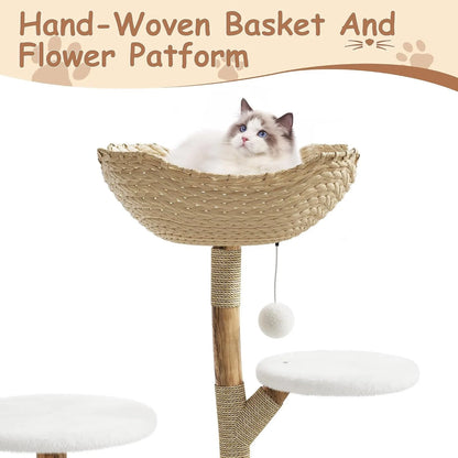 43" Wood & Rattan Multi-Level Cat Tree Tower - Large Cat, Multi-Level Perches, Floor Mount, Indoor, 28.74" x 17.32" Footprint