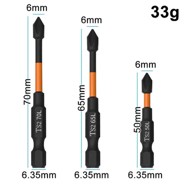 3-Pack S2 Impact Magnetic Phillips (Cross) Screwdriver Bits 50/65/70mm Anti-Slip for Electric Drills