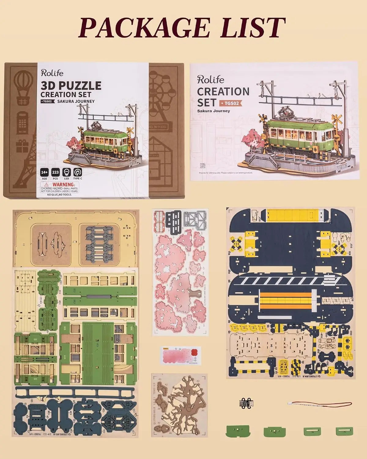 Robotime Sakura Journey Tram 3D Wooden Puzzle with LED Lights – 223-Piece Model Kit for Adults