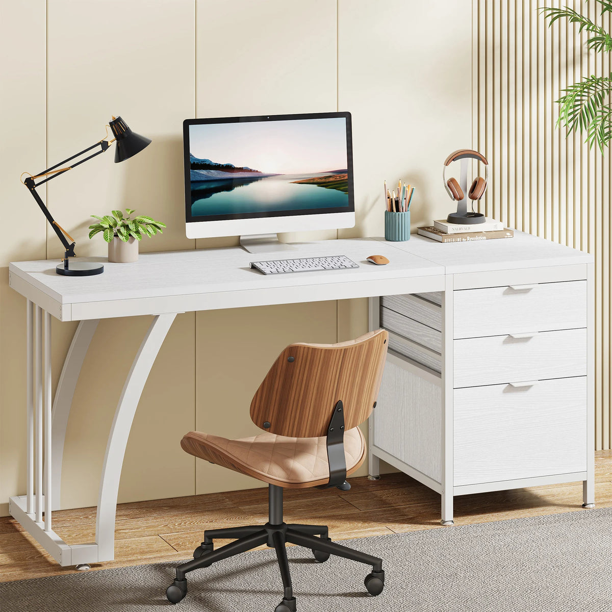 Tribesigns 59" Computer Desk with 3 Drawers - 59x19.68" Industrial Writing Table, Reversible Drawer Unit, Metal Frame, White/Rustic Brown/Walnut