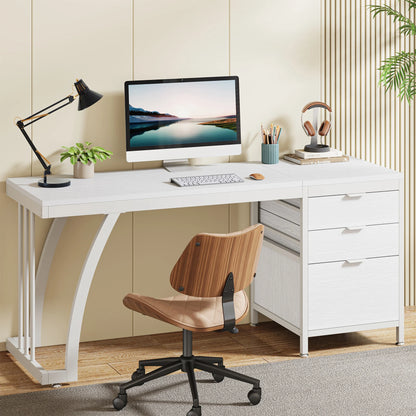 Tribesigns 59" Computer Desk with 3 Drawers - 59x19.68" Industrial Writing Table, Reversible Drawer Unit, Metal Frame, White/Rustic Brown/Walnut