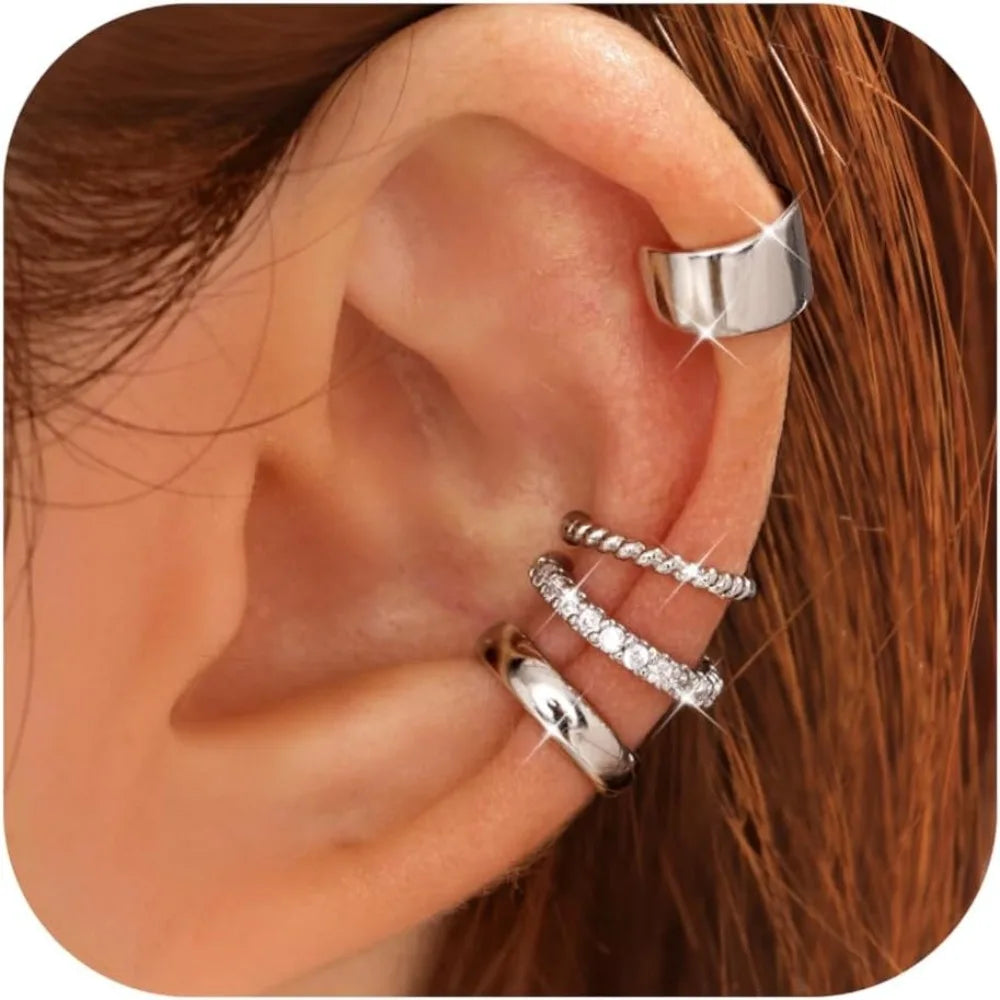 drperfect 4-Pair Ear Cuff Set - No Piercing, Adjustable Clip-On Cartilage Earrings, Brass, 14K Gold Plated or Silver, Hypoallergenic, Nickel-Free - 6 Styles