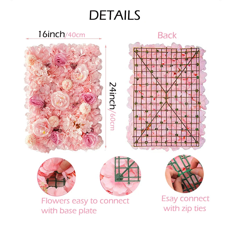 MEIHON Silk Rose Flower Wall Panel - 60x40cm Artificial Backdrop, Connectable, 34 Color Options for Wedding, Home & Events