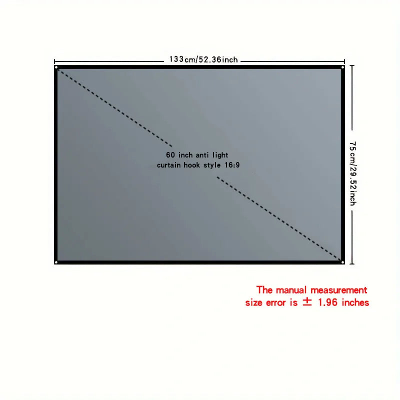 Home office business projector, portable movie screen, 60-133 inches, metal anti light screen hook for daytime viewing