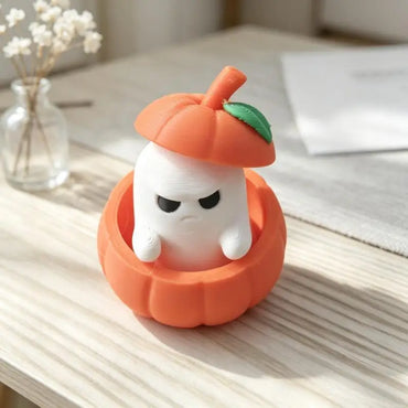3D Printed Grumpy Ghost in Pumpkin Figurine – Eco-Friendly PLA Halloween Desktop Ornament for Home, Office & Festival Decor