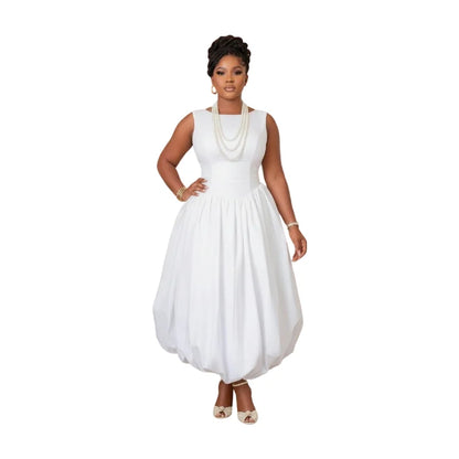 Women’s Sleeveless Bubble Hem Fit & Flare Ankle-Length Dress – Elegant White Formal Dress for Wedding Guest, Evening & Banquet, Sizes S–XXL