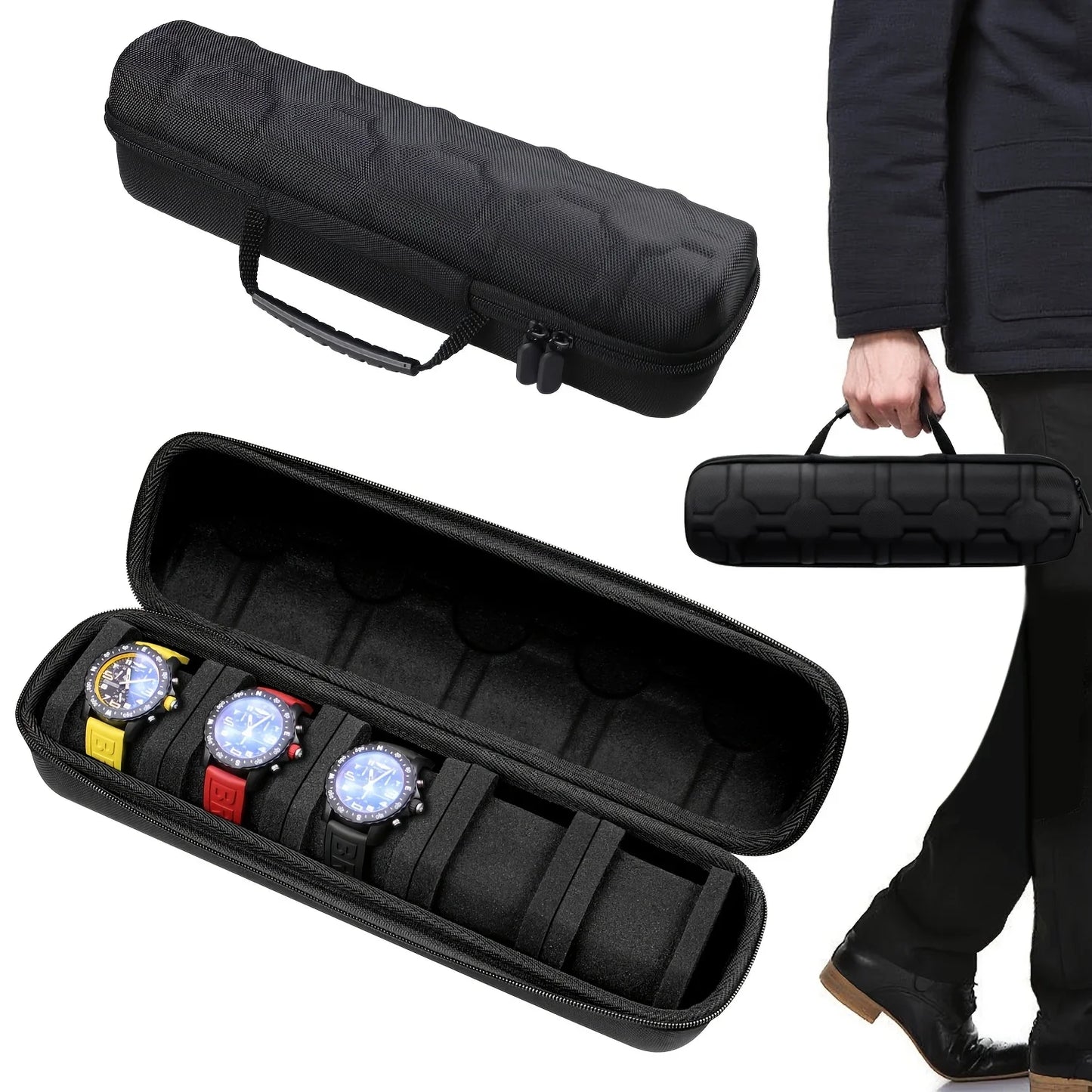 5-Slot Hard Shell Travel Watch Case with Pillow Inserts Black - Smartwatch Organizer Gift Box
