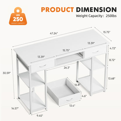 JHK 48" Computer Desk with Fabric Drawers, Storage Shelves, Middle Cube - Metal Frame, Adjustable Feet, Modern Home Office Desk, Brown/Black/White