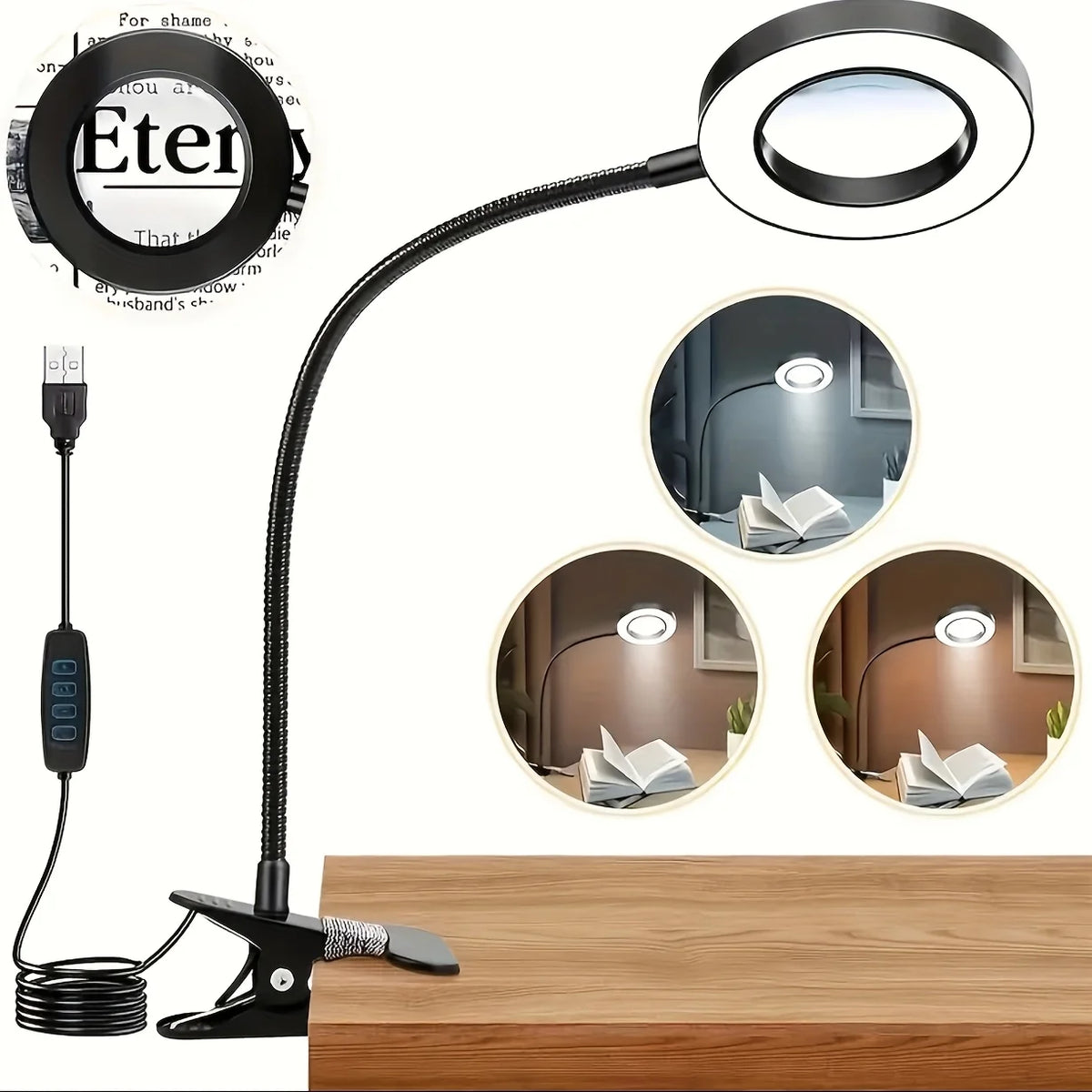 USB Clip-On Magnifying Desk Lamp, 5x Lens, Dimmable LED
