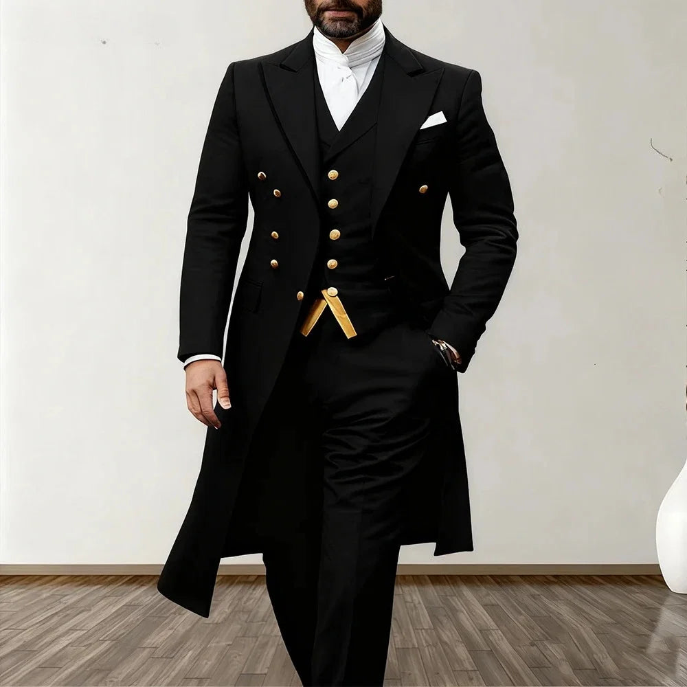 Blue Men Wedding Suits 3 Piece Long Blazer Vest Pants Satin One Button