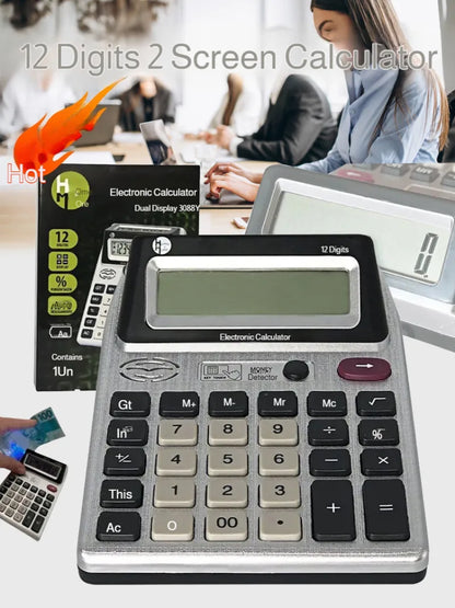 Double-Sided 12-Digit LCD Calculator with Anti-Slip Base & Money Detector Light for Office Accounting