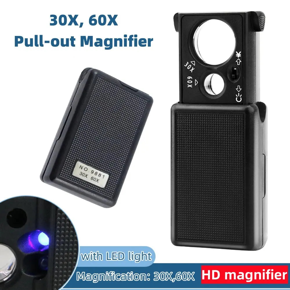 30X/60X Mini LED Handheld Magnifier with UV Light for Jewelry, Coins & Currency Inspection