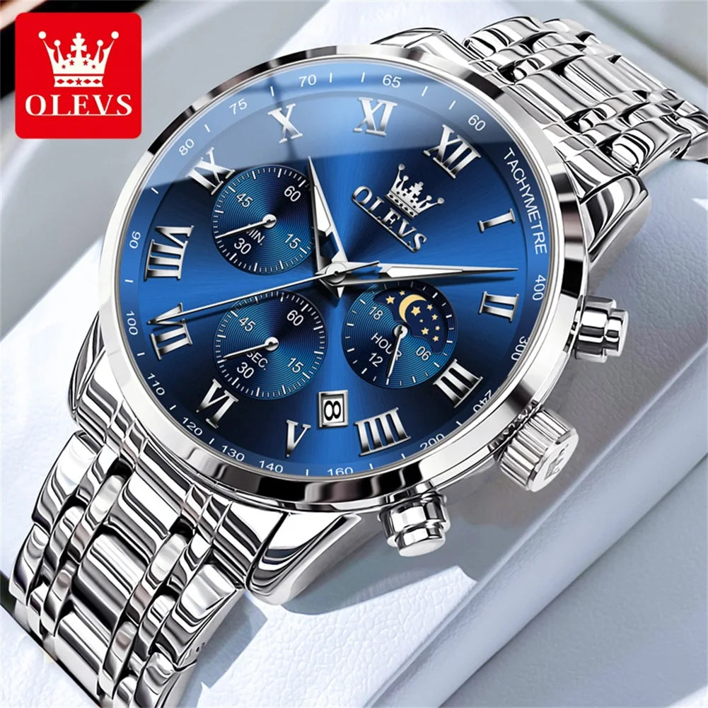 OLEVS 5529 Men's Chronograph Watch, Steel Bracelet Version - 41mm Moon Phase Dial, Auto Date, Luminous Hands, 30m Water Resistant