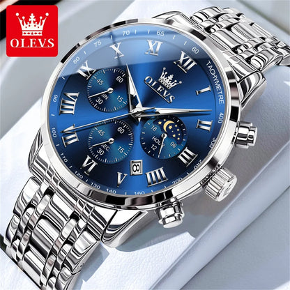 OLEVS 5529 Men's Chronograph Watch, Steel Bracelet Version - 41mm Moon Phase Dial, Auto Date, Luminous Hands, 30m Water Resistant