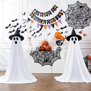 Halloween Freestanding Ghost Decoration with Witch Hat - Spooky Fabric Ghost for Yard, Lawn, Porch & Indoor Party Display - 7 Styles