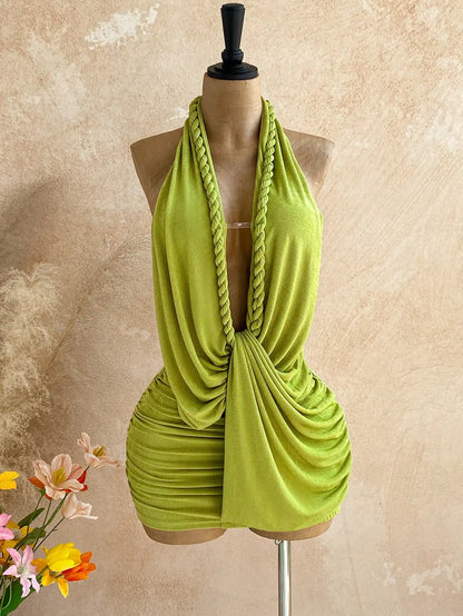 Women's Solid Backless Halter Mini Dress - High Stretch Slim Fit Sheath Dress with Elastic Waist for Beach, Vacation & Summer