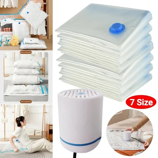 Reusable Vacuum Storage Bags — 7 Sizes, Space-Saving Clothes & Blanket Organizer (Works with Hand Pump or Vacuum Cleaner)