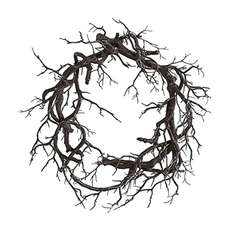 Halloween Black Branch Wreath with LED String Lights – Witch Hat, Skull & Pumpkin Front Door Decoration – Purple or Red Light, Battery-Operated