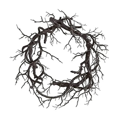 Halloween Black Branch Wreath with LED String Lights – Witch Hat, Skull & Pumpkin Front Door Decoration – Purple or Red Light, Battery-Operated