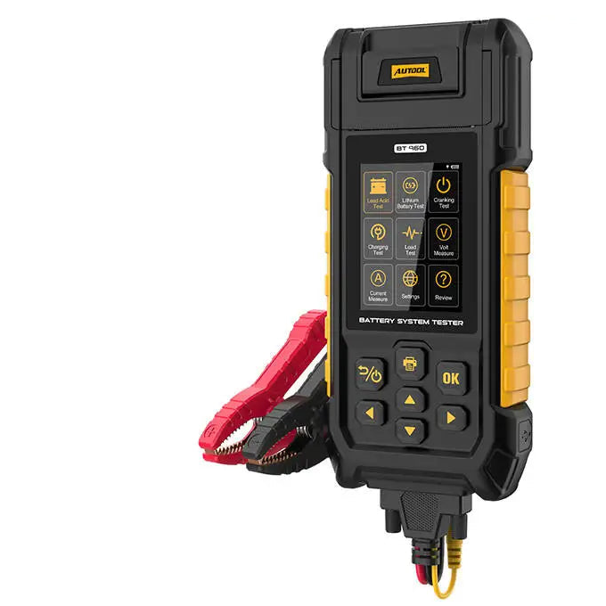 Autool battery system tester handheld device in black and yellow, shown with red and black test clamps on a white background. The image includes feature icons for lead-acid, lithium battery, cranking, charging, load, and HD color screen tests, an overseas warehouse badge, and a 3-year warranty seal.
