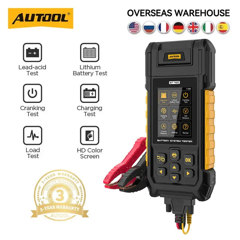 Autool battery system tester handheld device in black and yellow, shown with red and black test clamps on a white background. The image includes feature icons for lead-acid, lithium battery, cranking, charging, load, and HD color screen tests, an overseas warehouse badge, and a 3-year warranty seal.