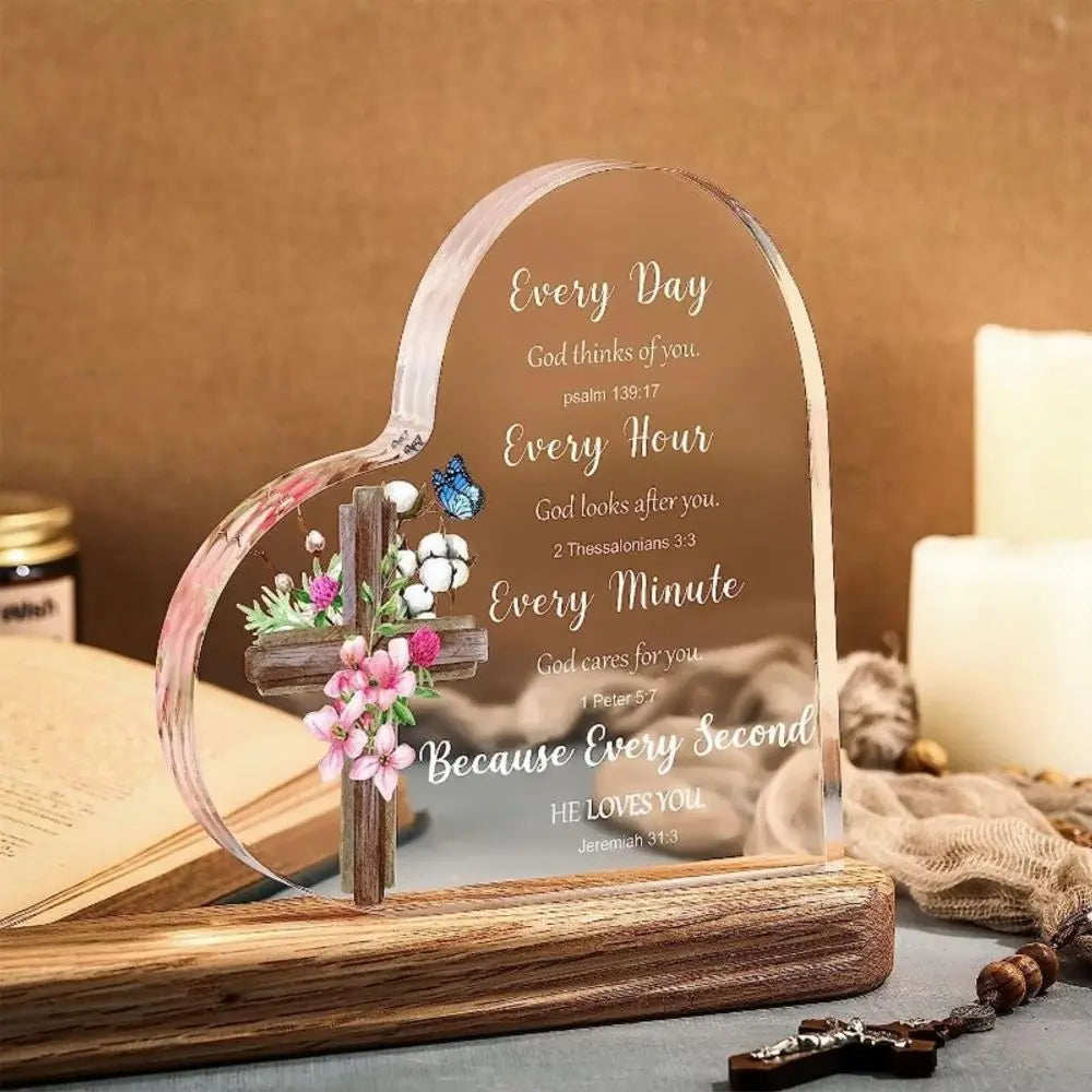 Heart-Shaped Bible Verse Acrylic Decor – Boho Cross & Floral Design, Desk & Home Decor, Gift for Mom